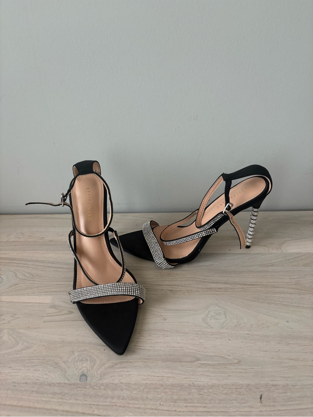 Black Rhinestone-Strap Stiletto Heels with Crystal Embellished Heel